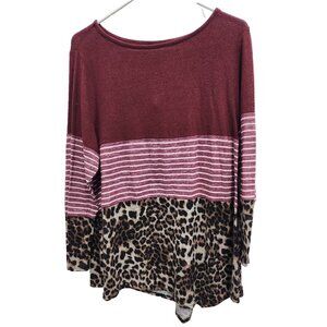 Emerald Womens BOHO Tunic Top Sz 1X Maroon Striped Animal Print Angled Hem Soft